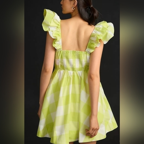 Maeve Square Neck Flutter Sleeve Mini Dress in Chartreuse Check Sz Lg Petite NWT - Picture 3 of 7